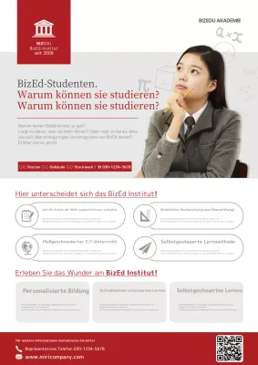 Beschreiben Sie Ihre Schule und werben Sie für sie mit einem Bild eines denkenden Mädchens in Rot und Grau.