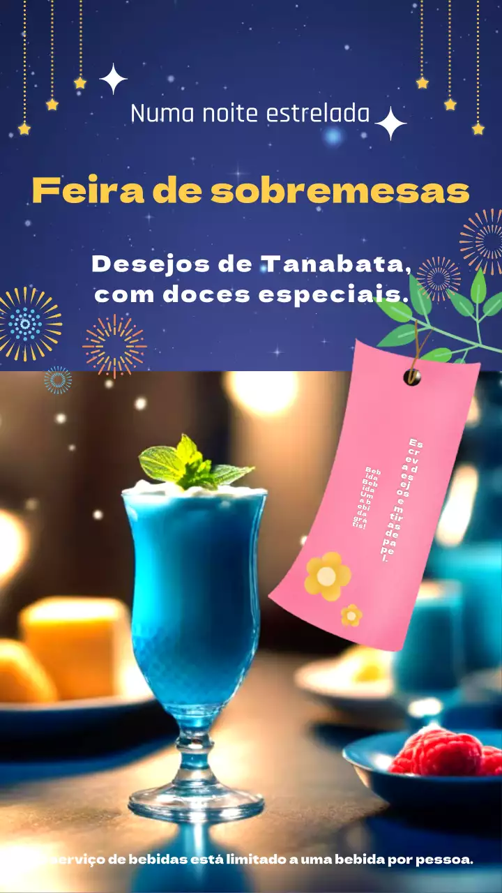 Anúncio da edição limitada de rebuçados cintilantes Tanabata de cor azul-marinho e amarelo.