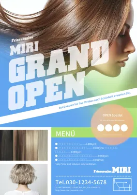 Eine moderne, poppige und zeitgemäße Friseurwerbung in blauem und grünem Farbschema.