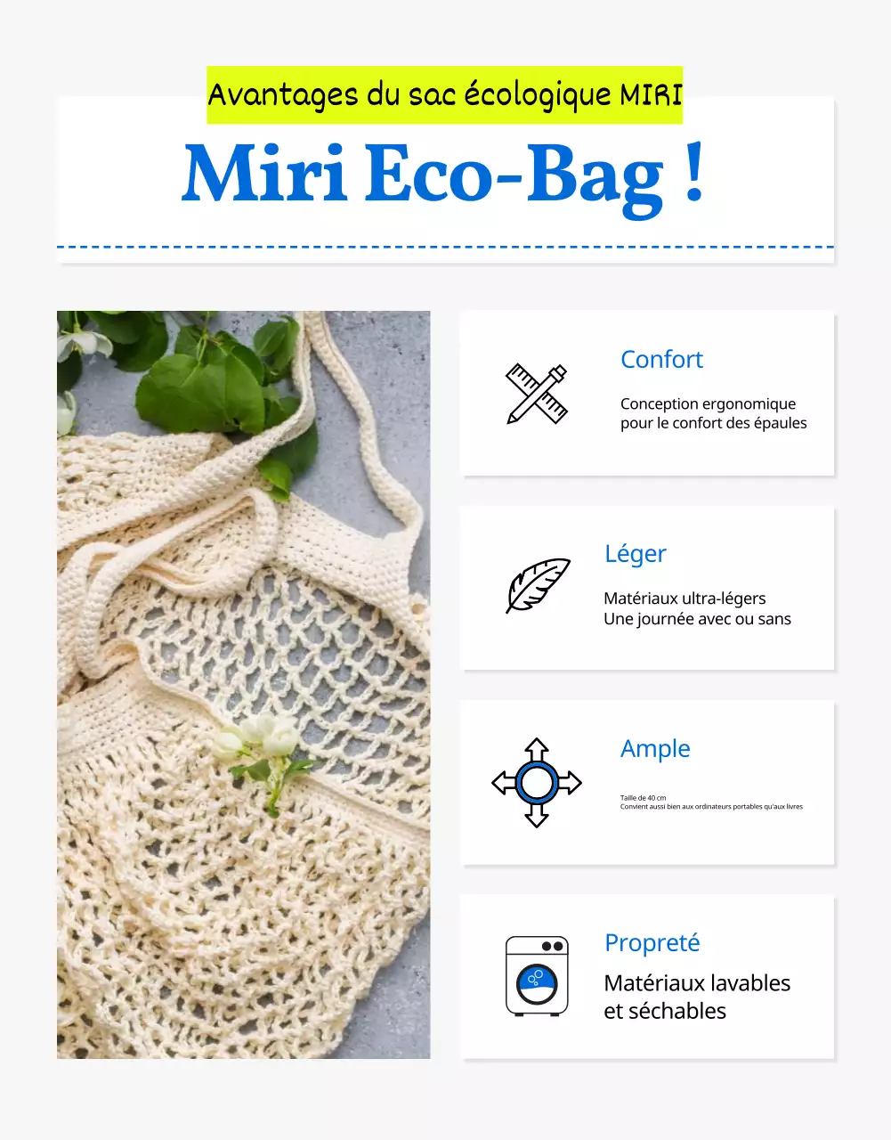 Sac écologique de mode estivale simple en bleu expliqué