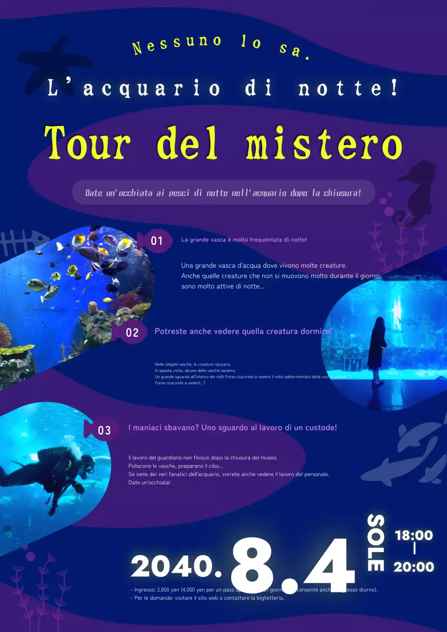 Annuncio del tour dell'acquario misterioso della Marina e della Viola