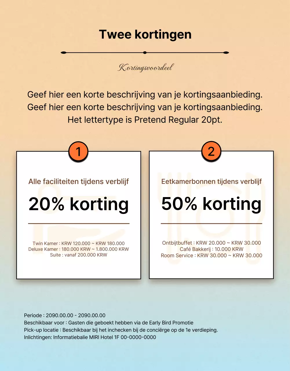 Kitscherige zomerse hoteldeal advertentie in oranje en blauw