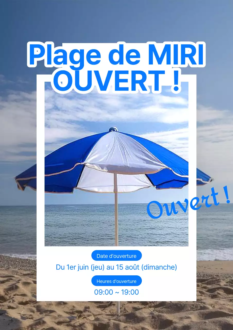 Une simple annonce d'ouverture de plage en bleu et blanc