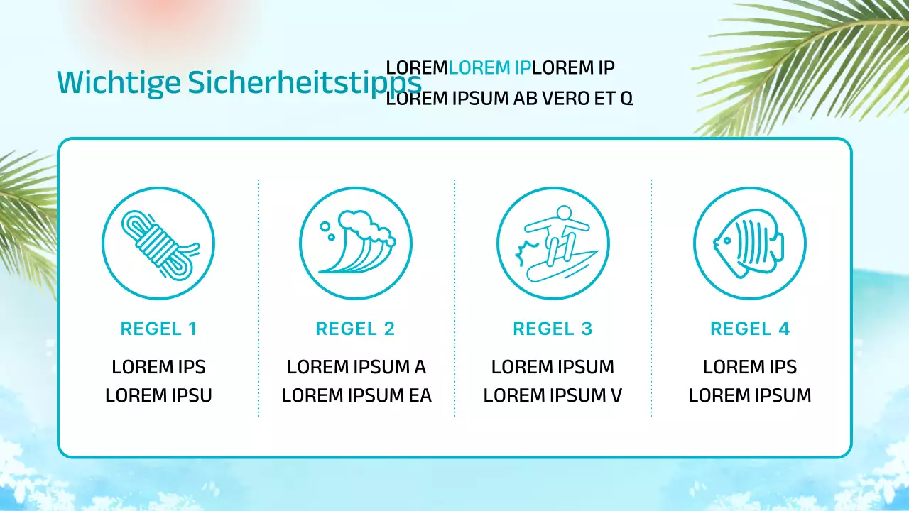 Ankündigung für die Einrichtung eines Surfshops mit tropischem Flair in Mint und Blau