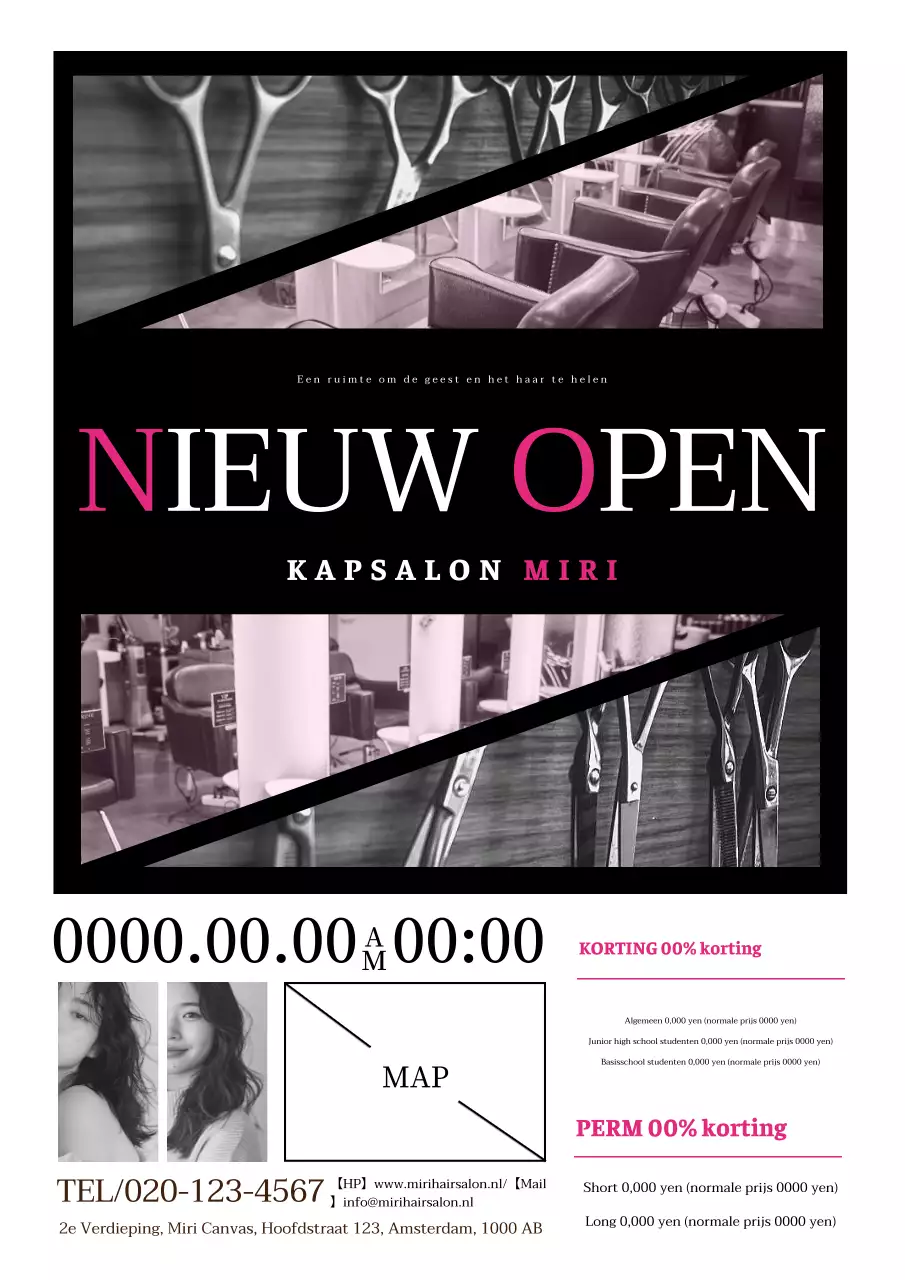 Moderne en eenvoudige kappersreclame in hot pink en zwart-wit.