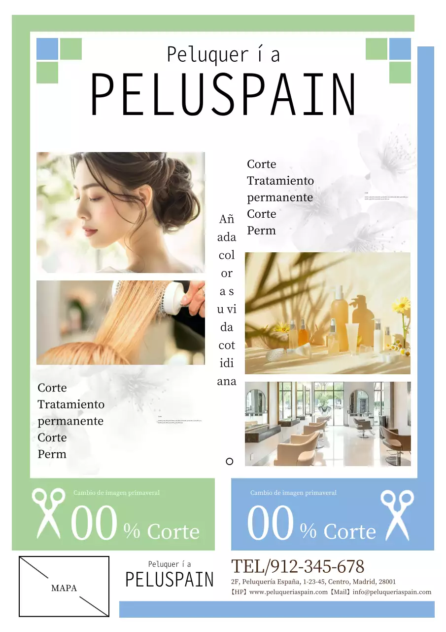 Moderno anuncio geométrico de salón de belleza en verde y azul