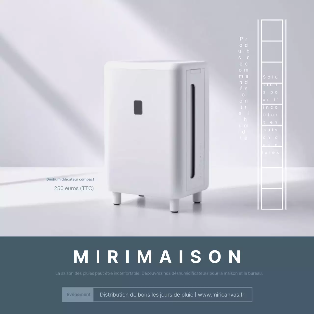 Publicité pour un déshumidificateur de saison des pluies minimaliste blanc et indigo.
