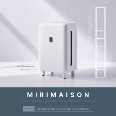 Publicité pour un déshumidificateur de saison des pluies minimaliste blanc et indigo.