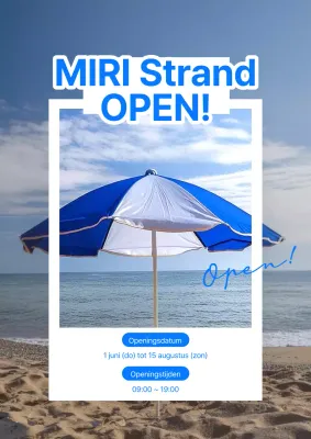 Een eenvoudige blauw-witte aankondiging voor de opening van het strand