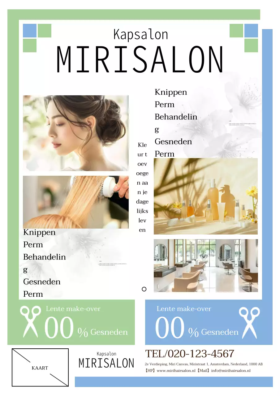 Moderne geometrische schoonheidssalon advertentie in groen en blauw