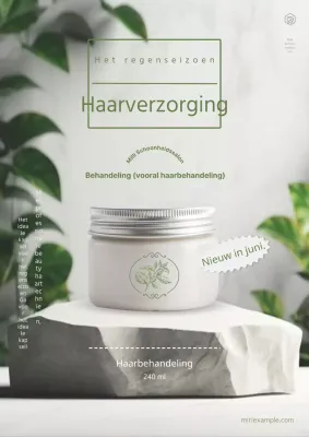 Advertenties van groene en grijze natuurlijke haarverzorgingsproducten voor het regenseizoen.
