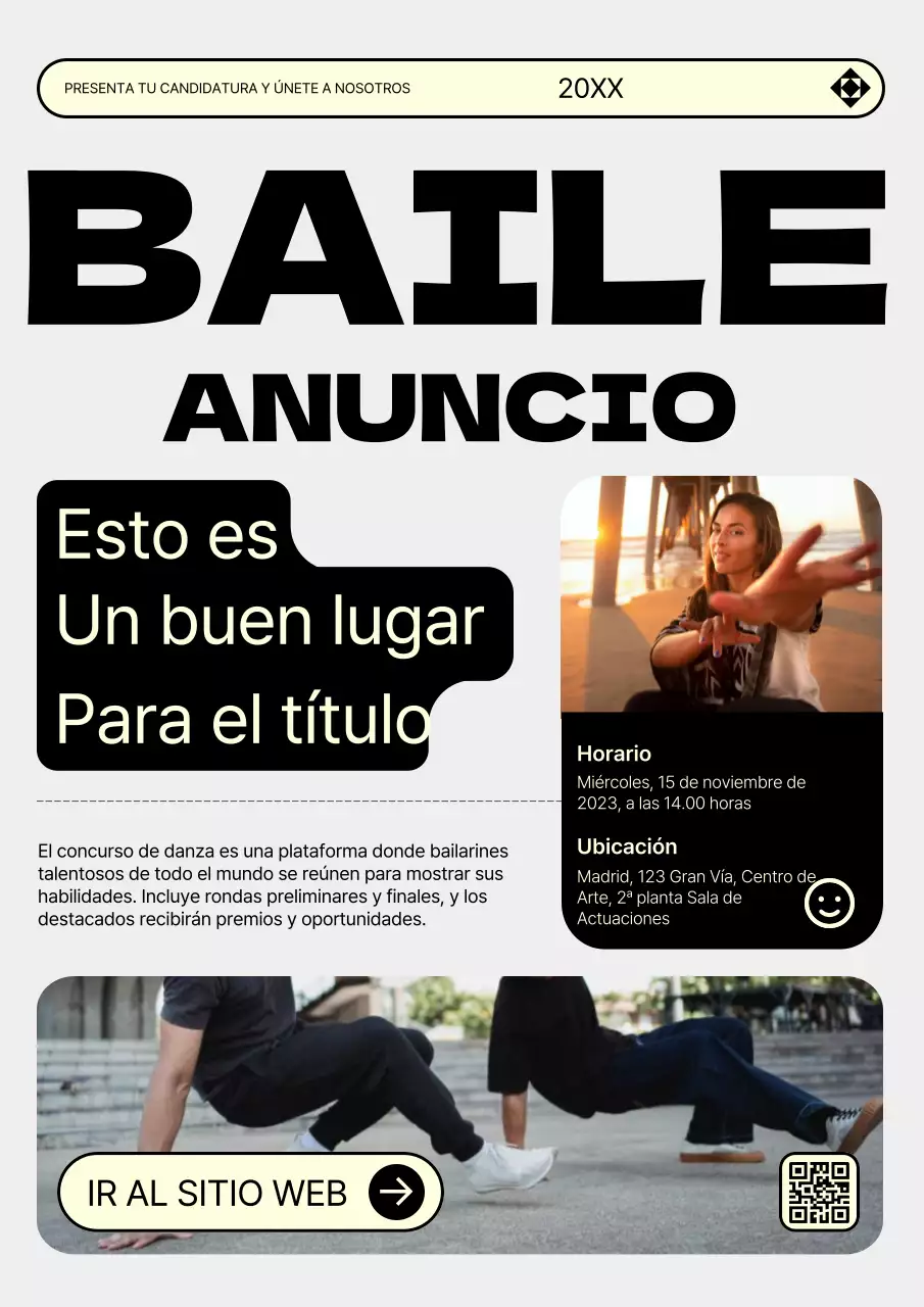 Moderno anuncio de audición de danza en gris y amarillo