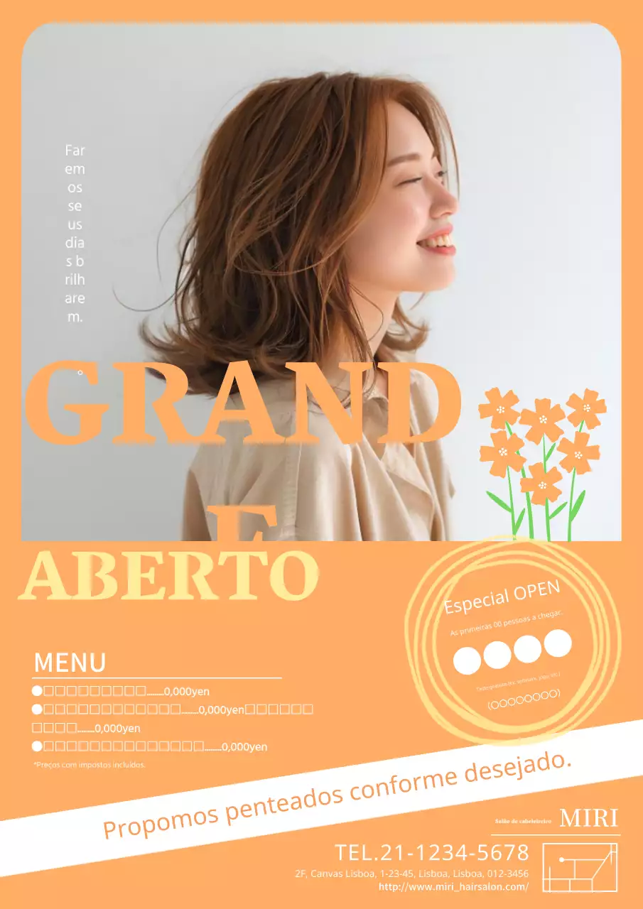 Anúncio de salão de beleza bonito e natural em laranja e amarelo
