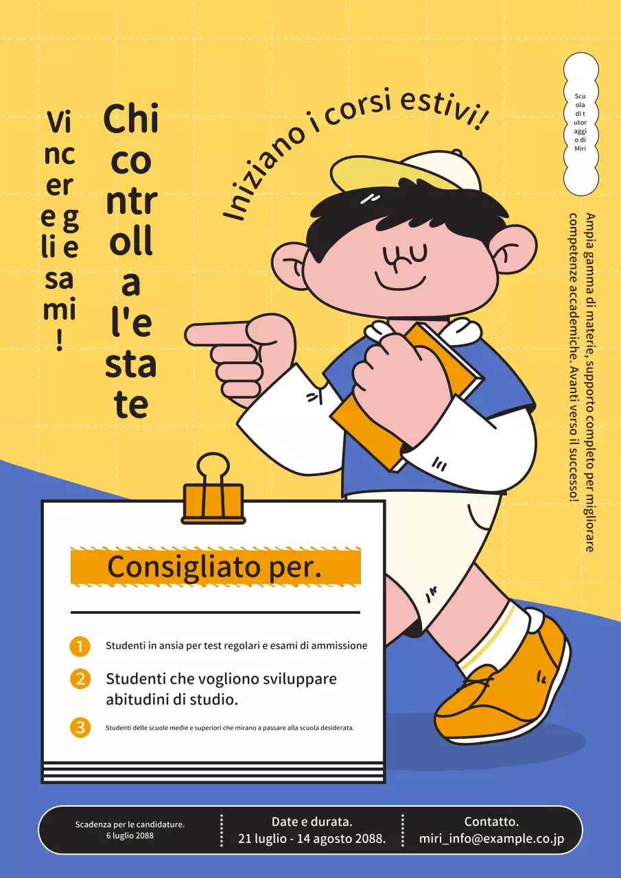 Promozione delle offerte speciali della scuola per le vacanze estive in giallo e blu.