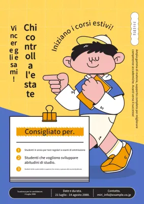 Promozione delle offerte speciali della scuola per le vacanze estive in giallo e blu.