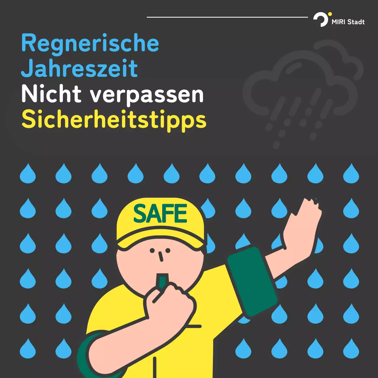 Ein schwarz-blauer Sicherheitsratgeber für die Regenzeit in Pop-Art-Optik