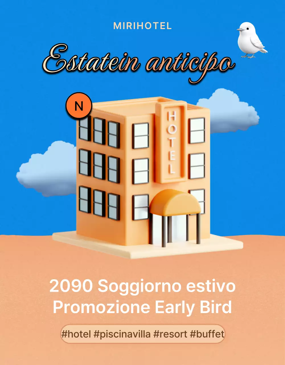 Annuncio kitsch di offerte alberghiere estive in arancione e blu