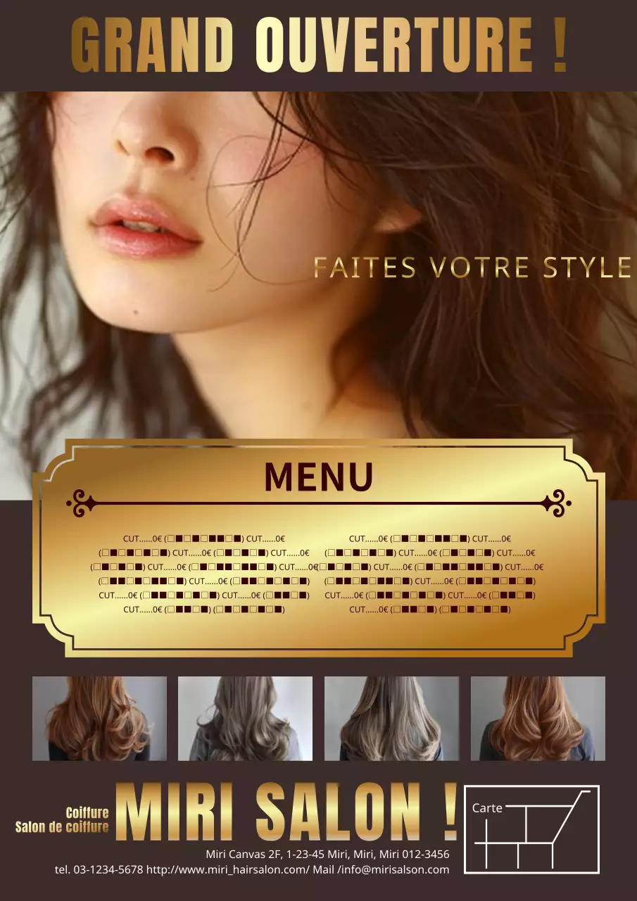 Publicité pour un salon de coiffure classique et épuré en marron et or