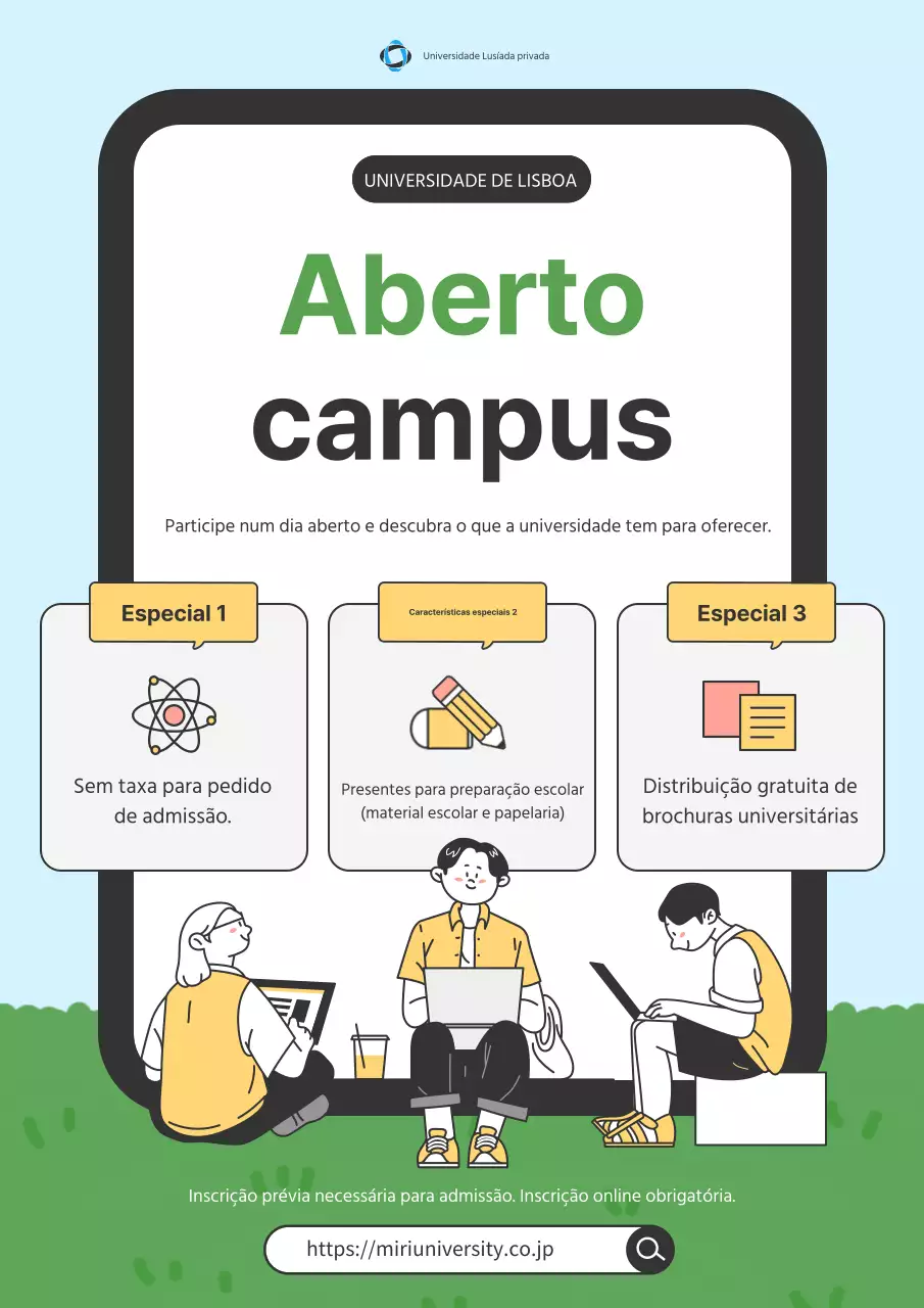Anúncio moderno de campus universitário aberto em azul claro e verde