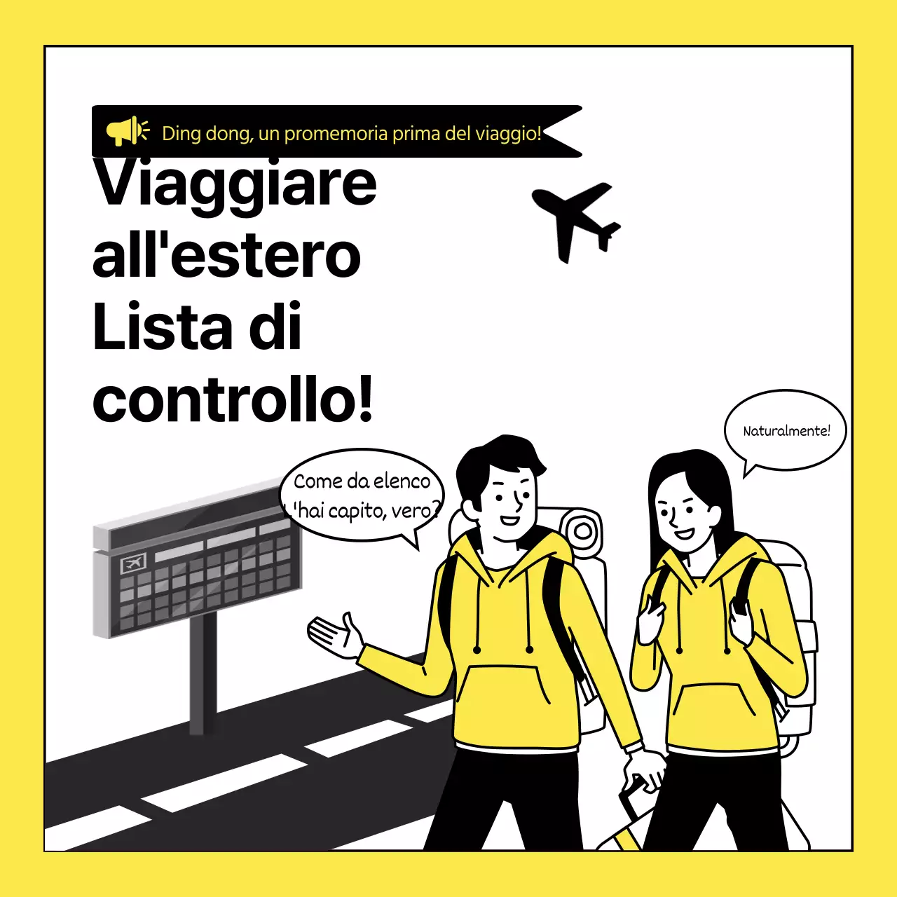 Sulla semplice lista di controllo per l'imballaggio internazionale gialla e nera