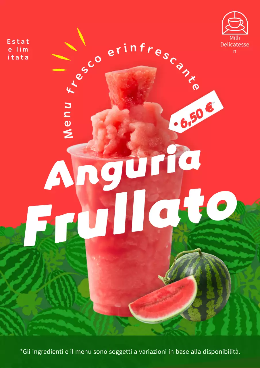 Pubblicità della bevanda estiva tropicale rossa e verde all'anguria per una nuova voce di menu