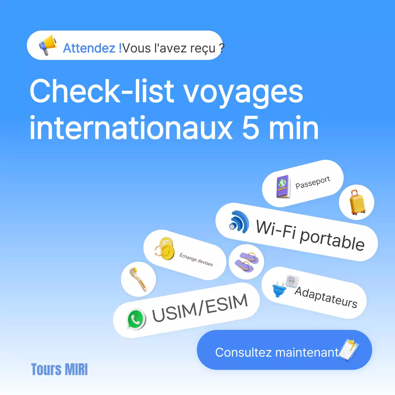 Une liste de contrôle bleu et blanc pour les voyages à l'étranger