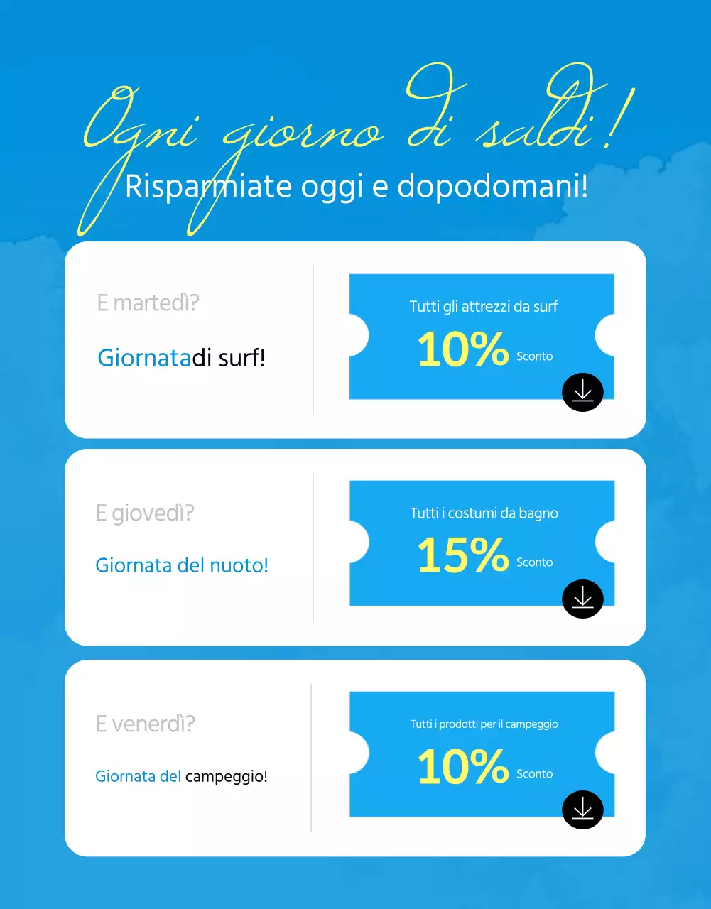 Annuncio di saldi estivi con accenti blu e gialli