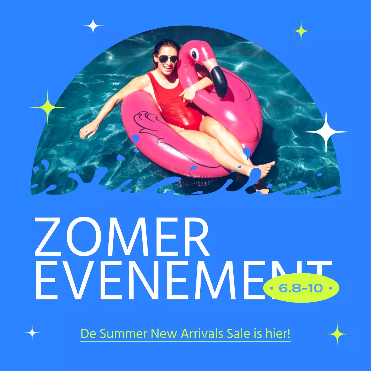 Een eenvoudige zomerse verkoopadvertentie in blauw en chartreuse