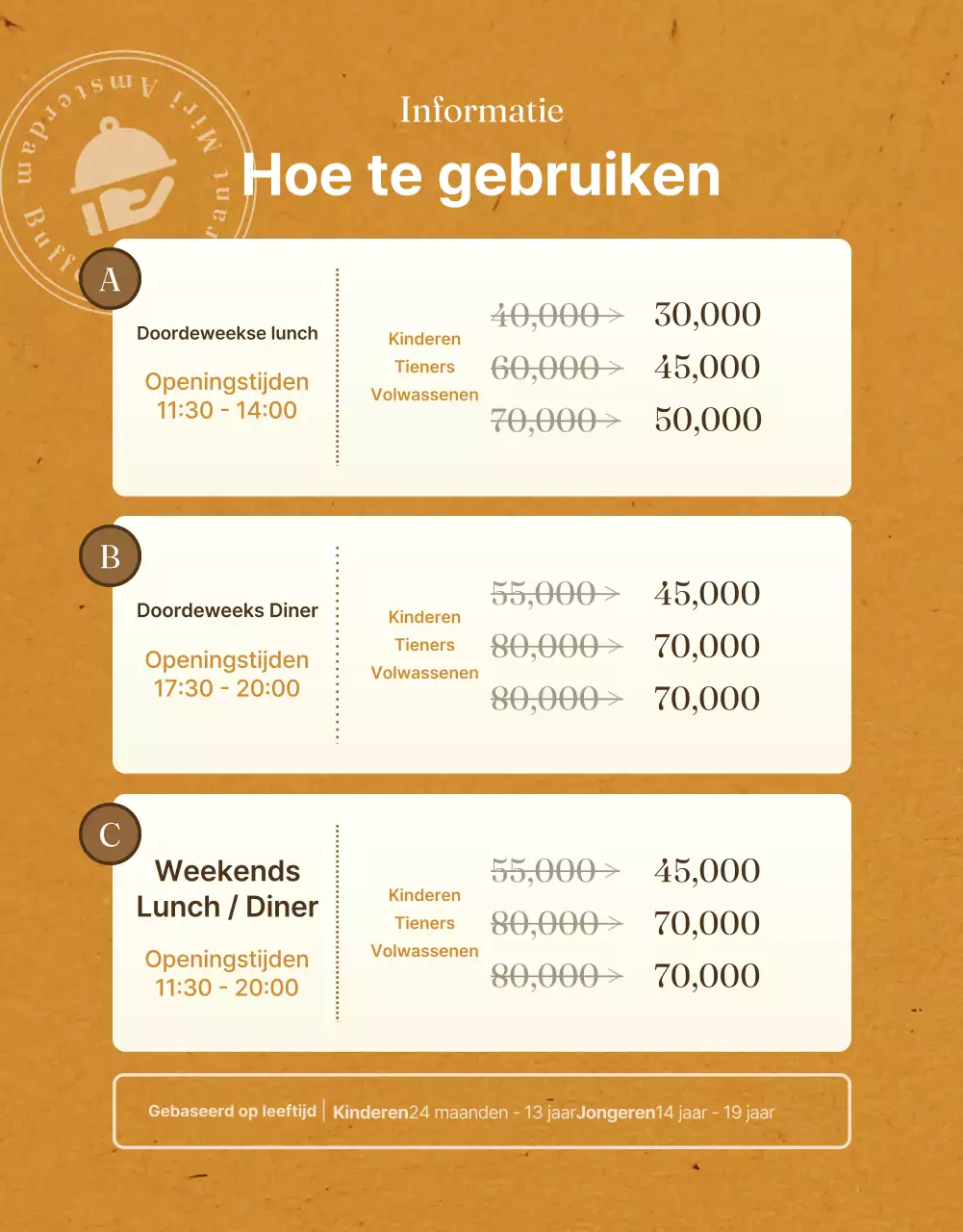 Een luxueus hotelbuffet in sinaasappels en bruintinten post