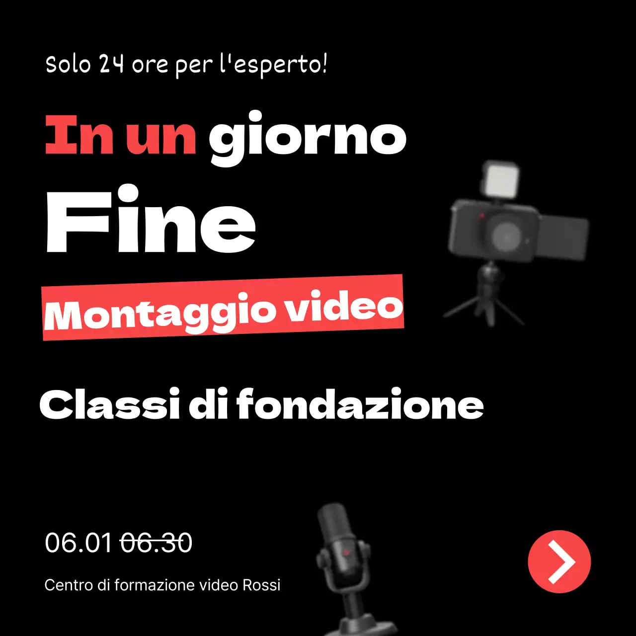 Promuovete un semplice corso di auto-miglioramento di video editing in rosso e nero.