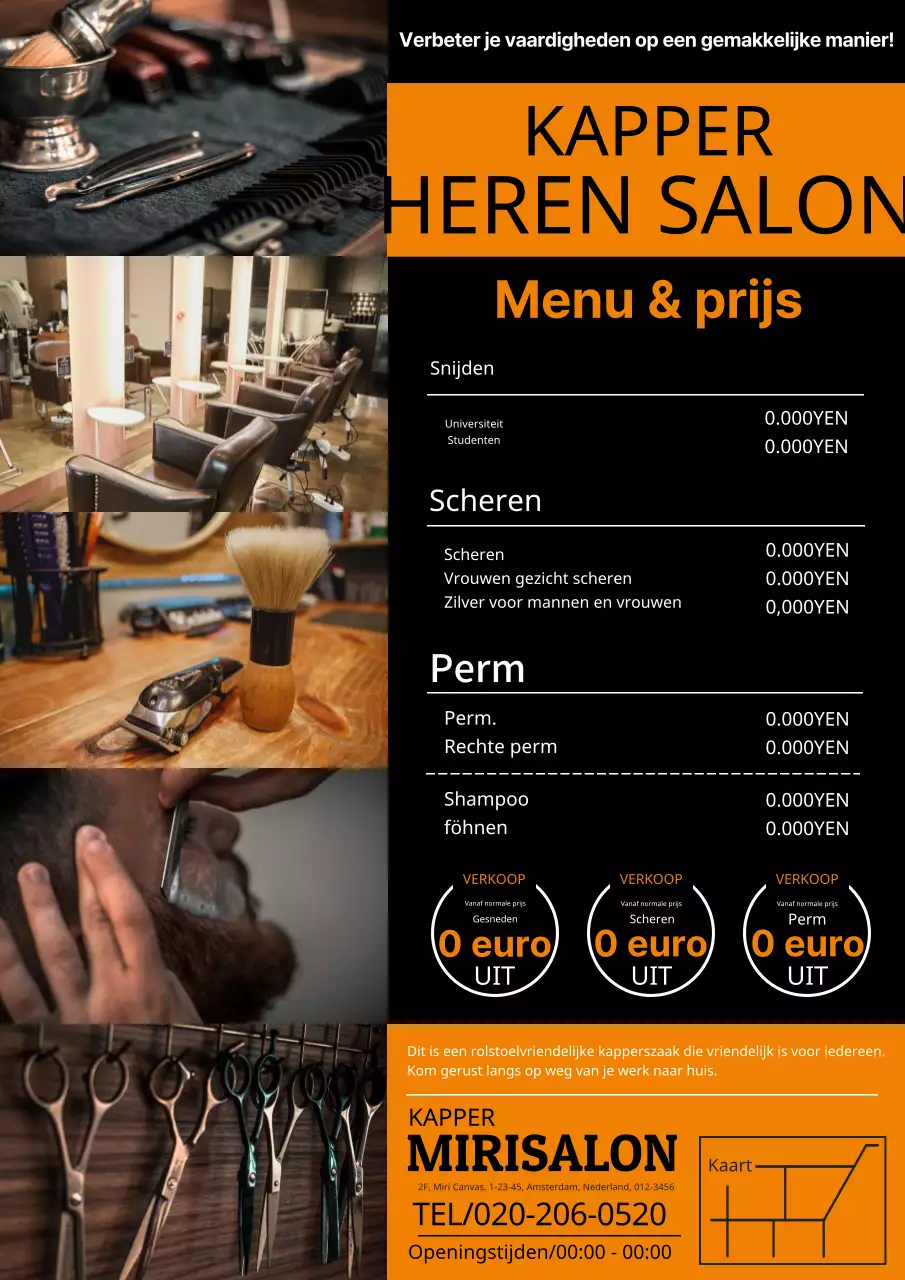 Een eenvoudige en moderne reclame voor een herenkapperszaak in oranje en zwart.