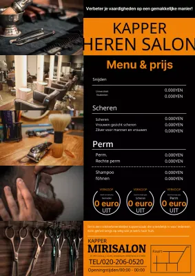 Een eenvoudige en moderne reclame voor een herenkapperszaak in oranje en zwart.