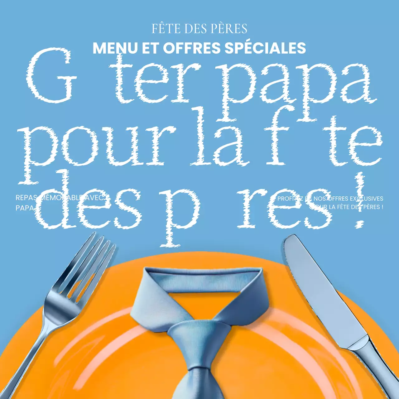 Promouvoir un menu tendance pour la fête des pères en bleu clair et orange