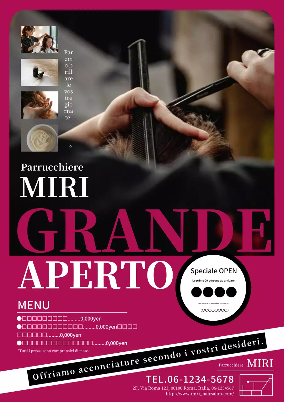 Pubblicità per un parrucchiere moderno ed elegante in rosso e nero