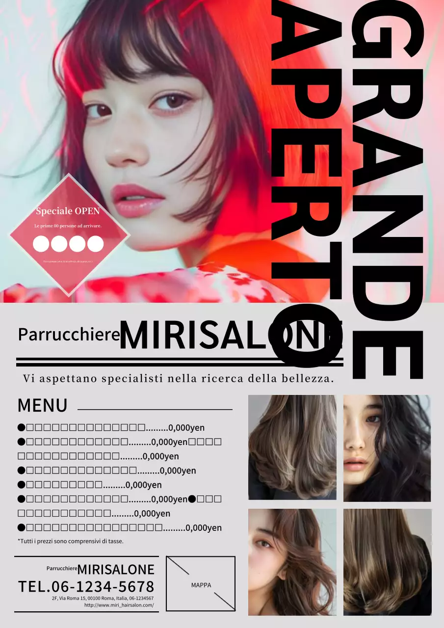 Pubblicità moderna e semplice di un salone di parrucchieri in rosso e grigio