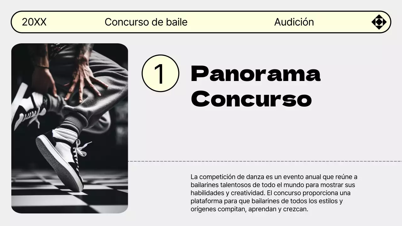 Promociona tu audición de baile con la moderna combinación de colores gris y amarillo