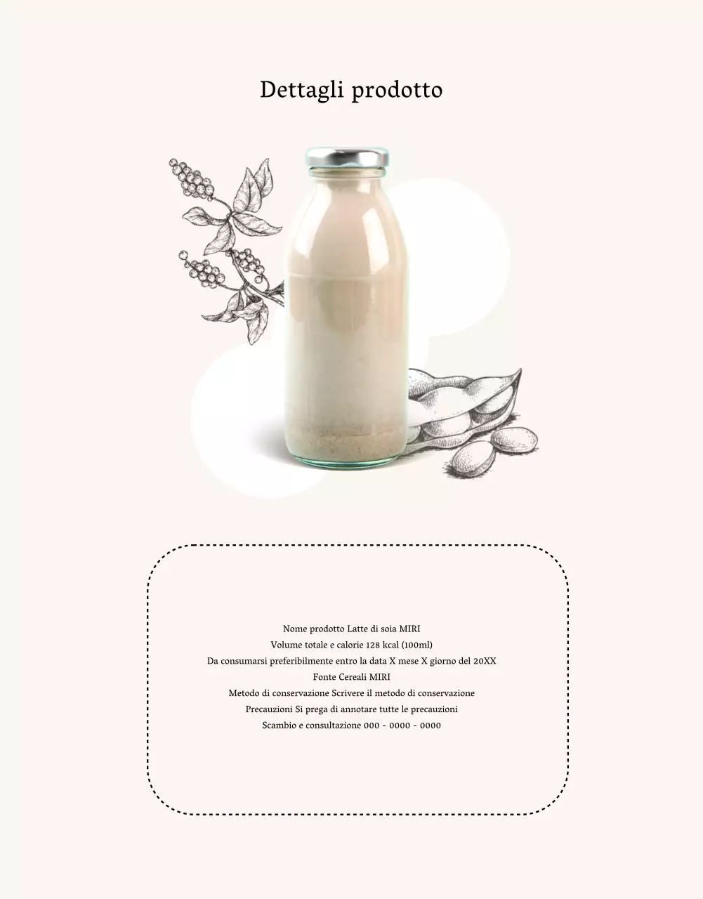 Informazioni sul prodotto beige e minimalista del latte di soia