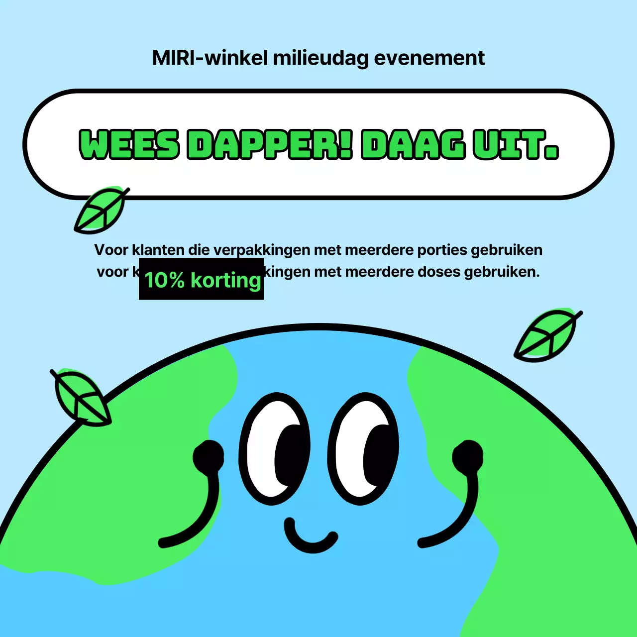 Een kitscherige groene en hemelsblauwe kortingsflyer voor Milieudag