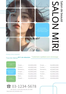 Publicité simple et moderne pour un salon de coiffure en blanc et bleu