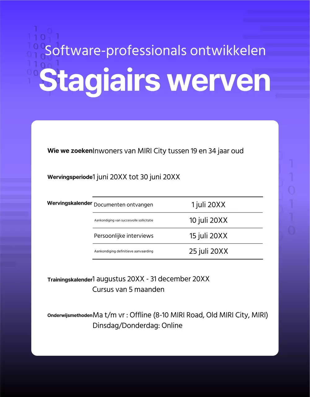 Een eenvoudige, paars-zwarte aankondiging voor werving van afgestudeerden