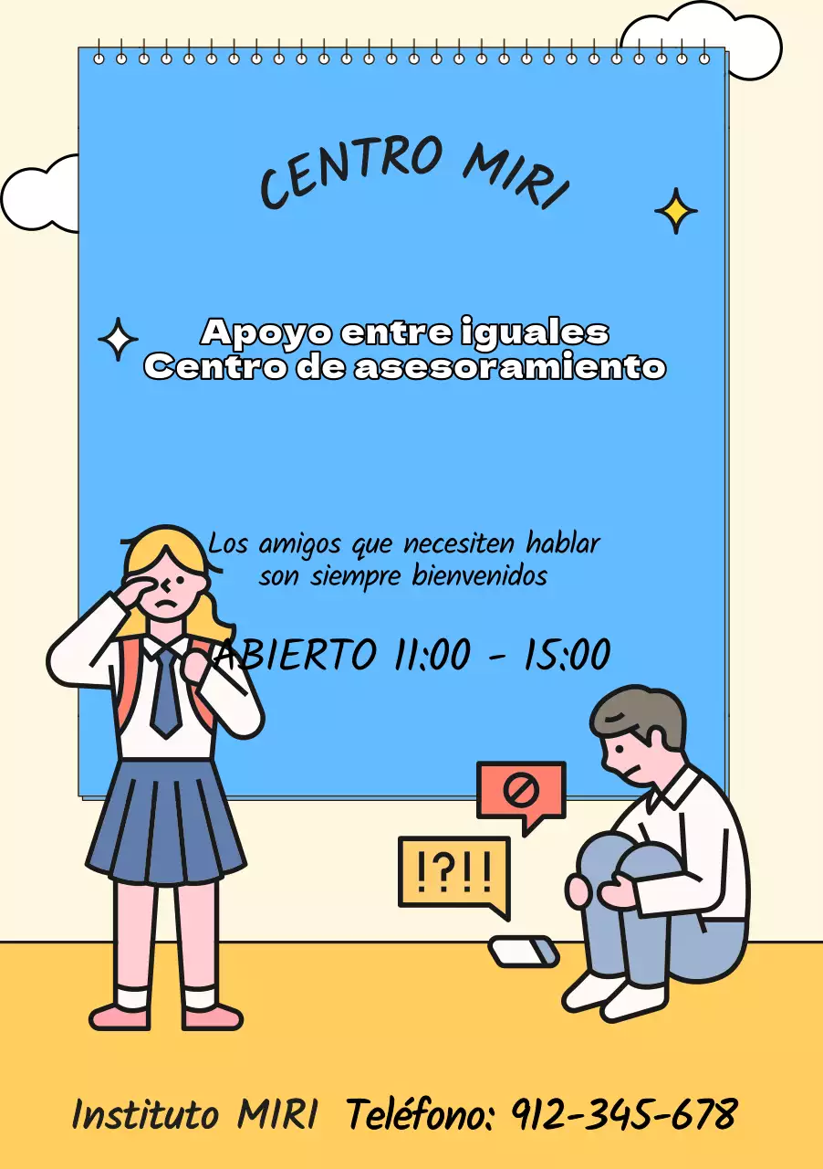 Para la promoción de centros de asesoramiento con ilustraciones azules y amarillas de estudiantes