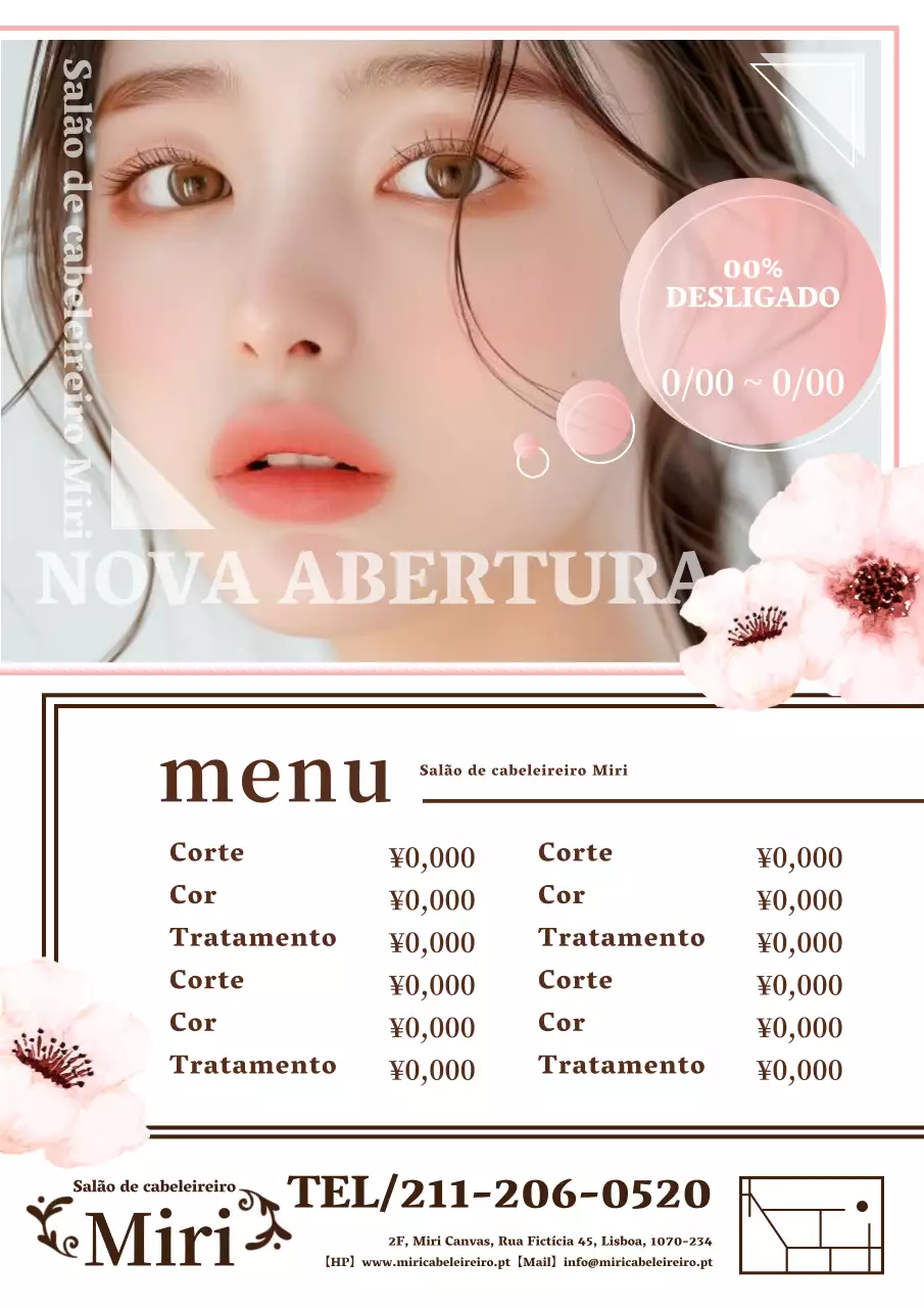 Um anúncio de salão de cabeleireiro elegante e giro em rosa e branco com um esquema de cores rosa e branco.