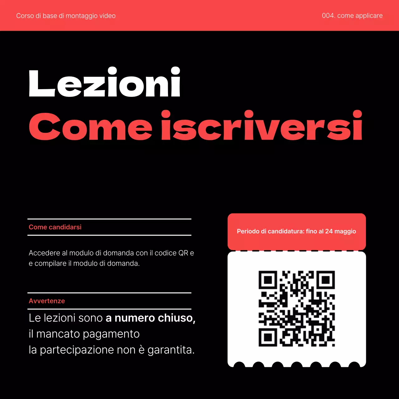 Promuovete un semplice corso di auto-miglioramento di video editing in rosso e nero.