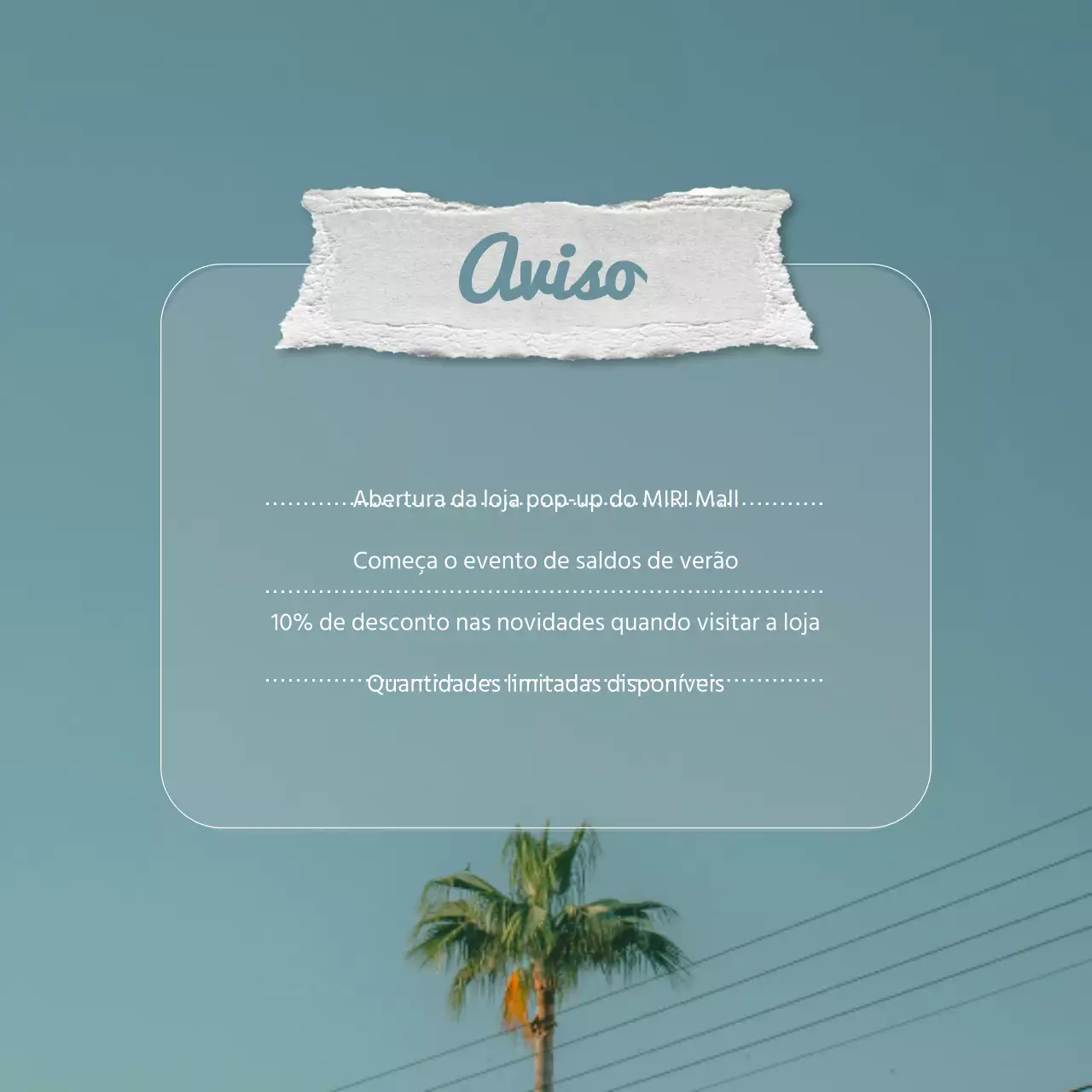 Anunciar a abertura de uma simples loja pop-up de verão em azul claro e branco