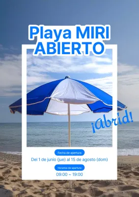 Un sencillo anuncio de inauguración de una playa azul y blanca