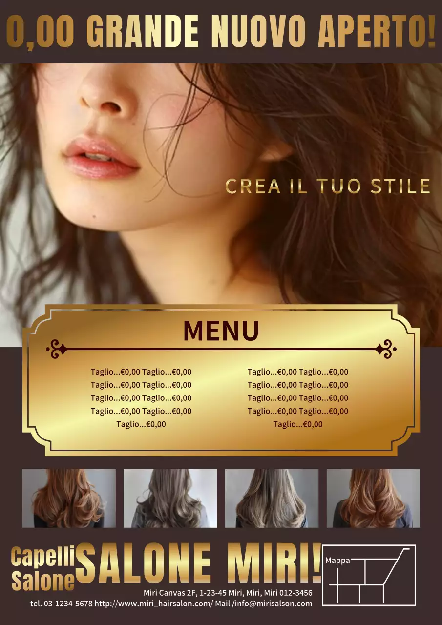 Pubblicità per un salone di parrucchiere elegante e classico in marrone e oro