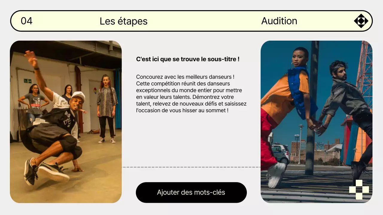 Faites la promotion de votre audition de danse dans des tons gris et jaunes très tendance.