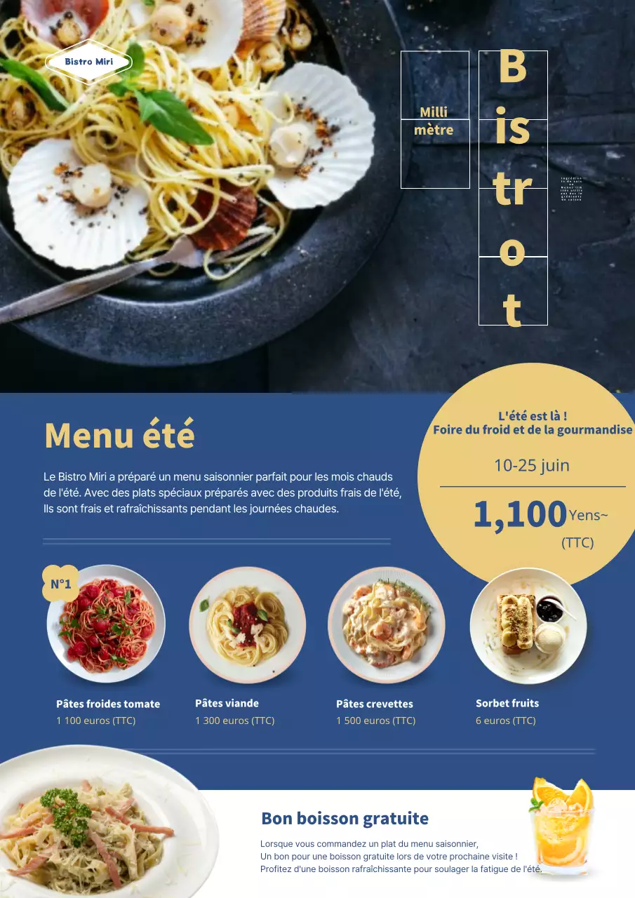 Promouvoir les nouveaux menus saisonniers d'été en bleu et jaune luxueux