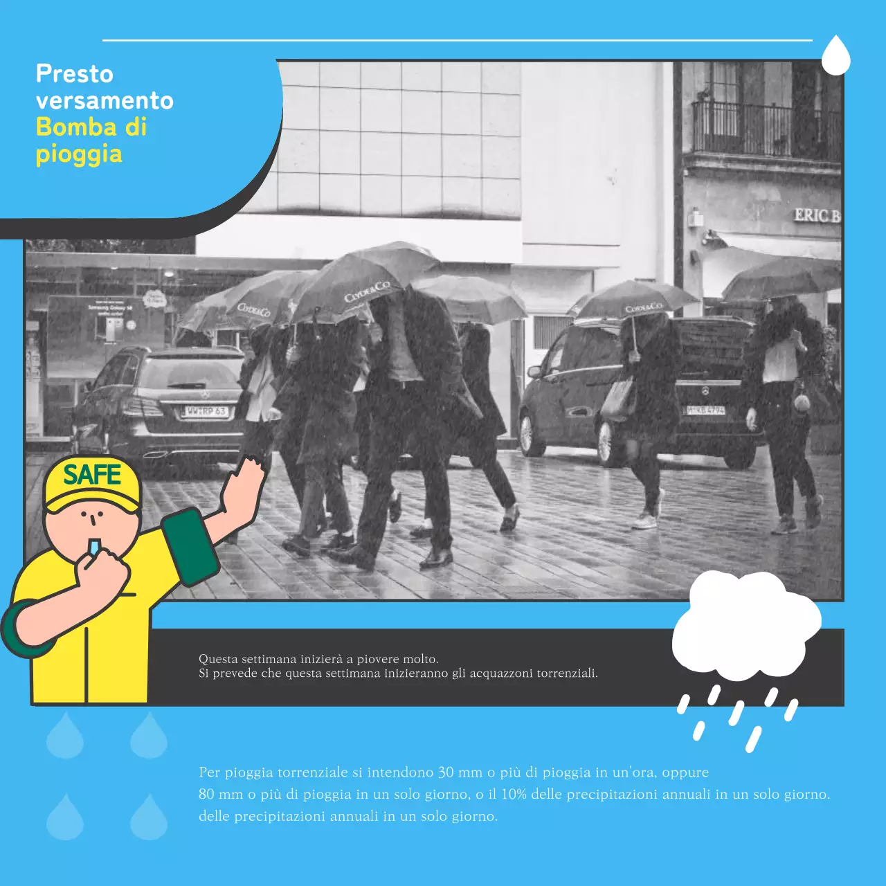 Una guida alla sicurezza per la stagione delle piogge in nero e blu, in stile pop-art