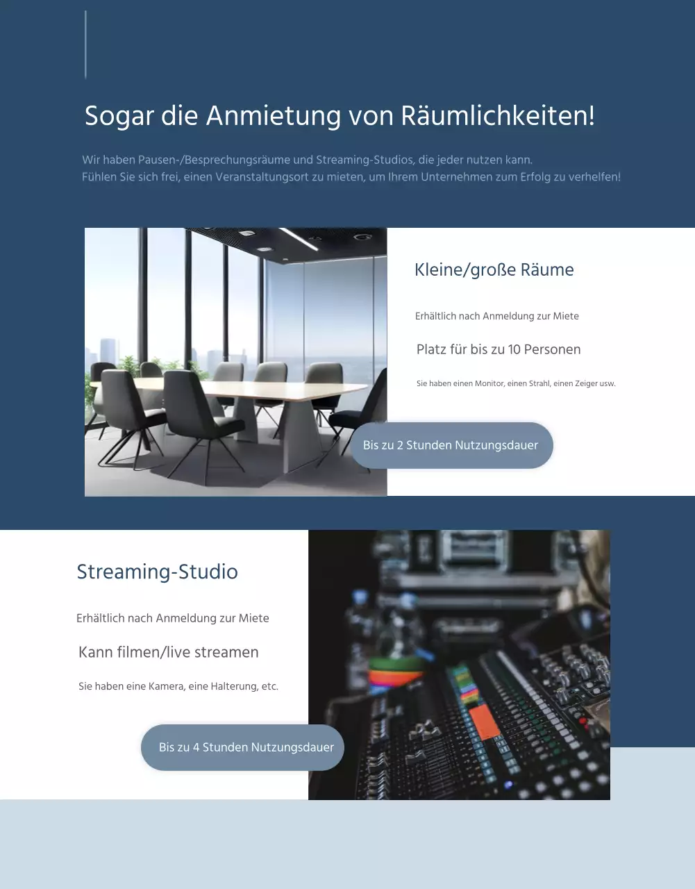 Werbung für einen blau-weißen Coworking Space